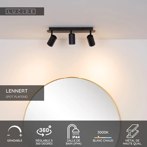 Lucide LENNERT - Spot plafond Salle de bains - LED Dim. - GU10 - 3x5W 3000K - IP44 - Noir - USP